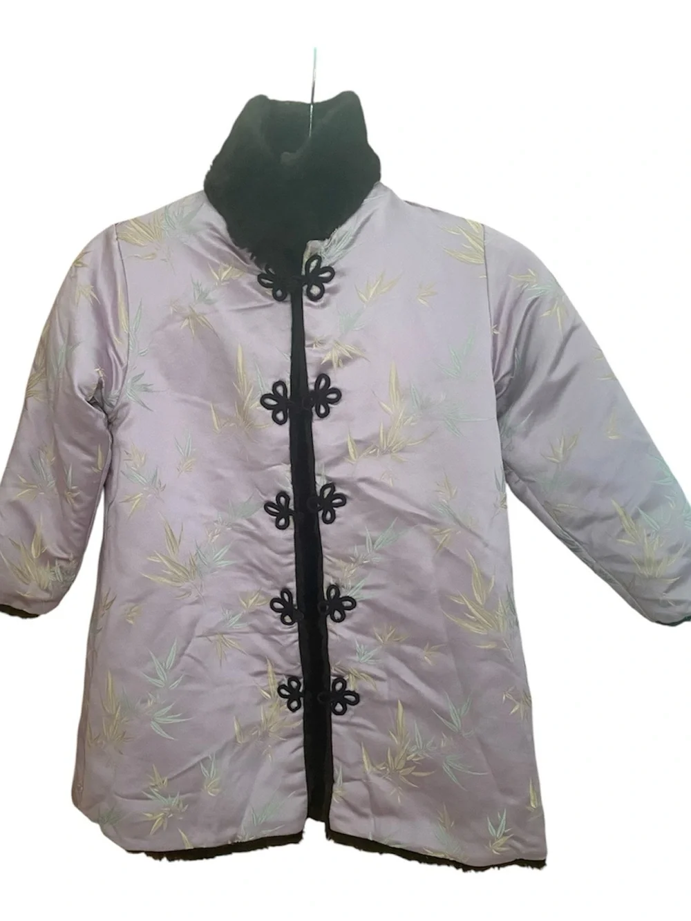 072–Lilac Satin Asian-Inspired Jacket with Black Trim